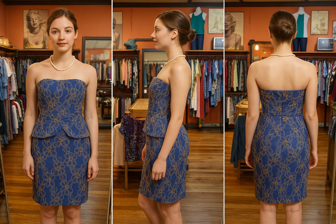 Vestido de Cóctel Strapless Azul Klein con Peplum y Bordado Dorado - Imagen 2