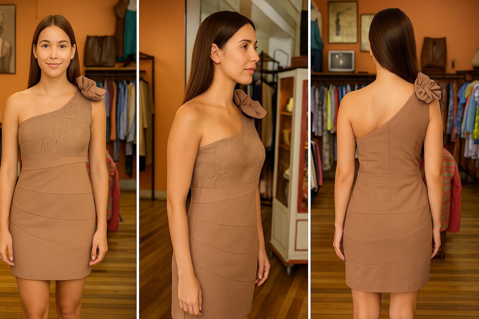 Vestido Mini Asimétrico Color Nude/Café Claro con Encaje y Flor 3D - Imagen 2