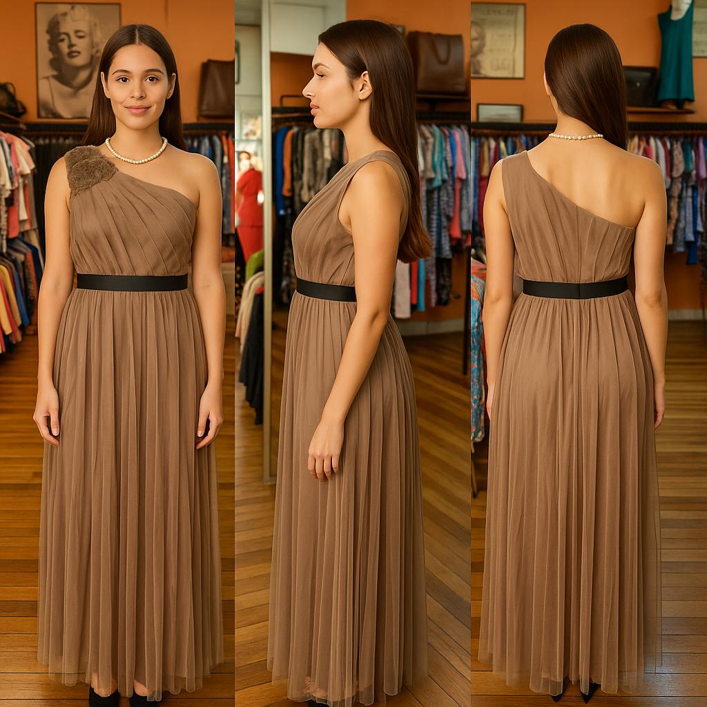 Vestido de Gala Asimétrico Color Moka con Tules Plisados y Cinturón de Contraste - Imagen 5