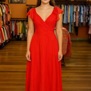 Vestido Largo de Gasa Rojo Pasión con Escote Cruzado y Mangas de Volantes
